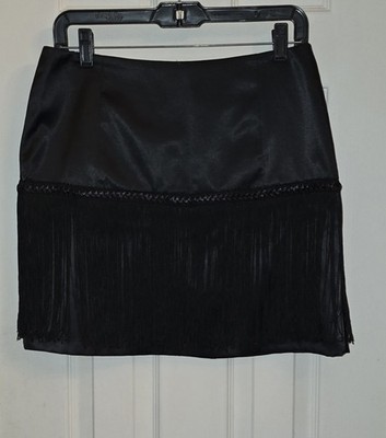 Caché Black Satin Fringe Mini Skirt 6 Vintage Y2K Whimsigoth Party Cocktail