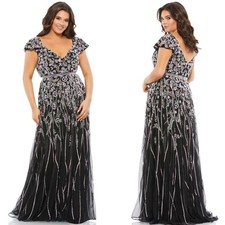 Mac Duggal 5353 Size 14W Floral Beadwork Flare Short Cap Sleeve A-Line Dress