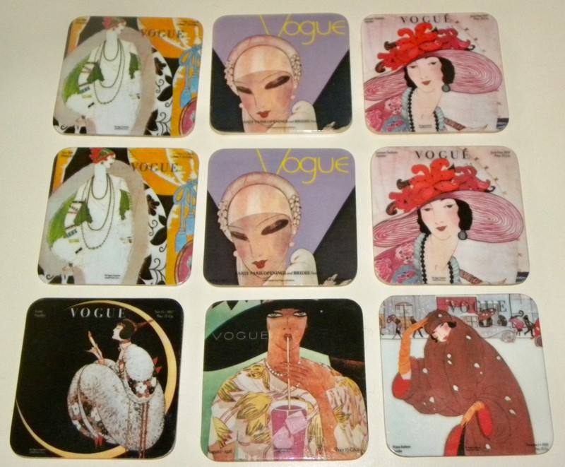 (9) Vintage VOGUE Art Deco Coasters w/ Felt Backs ~ 3½" Sq. ~ 1917 - 1927 Covers