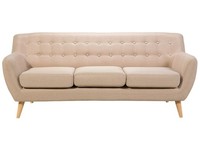 3-Sitzer Sofa Mit Armlehnen Stoff Beige Knopfheftung Holzgestell Retro Motala