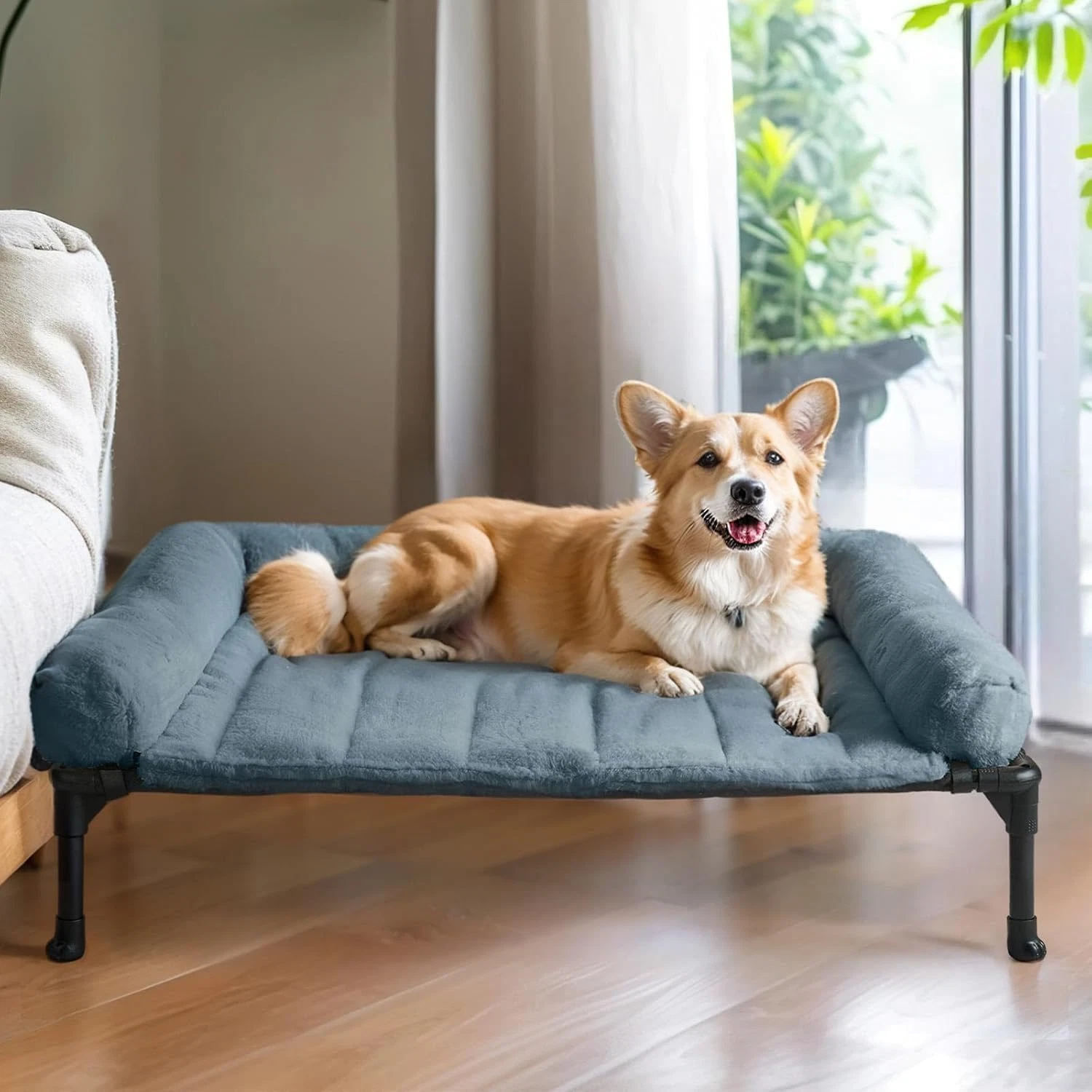 Elevated Cooling Dog Bed with Plush Bolster Cushion for Large Dogs, Haze Blue