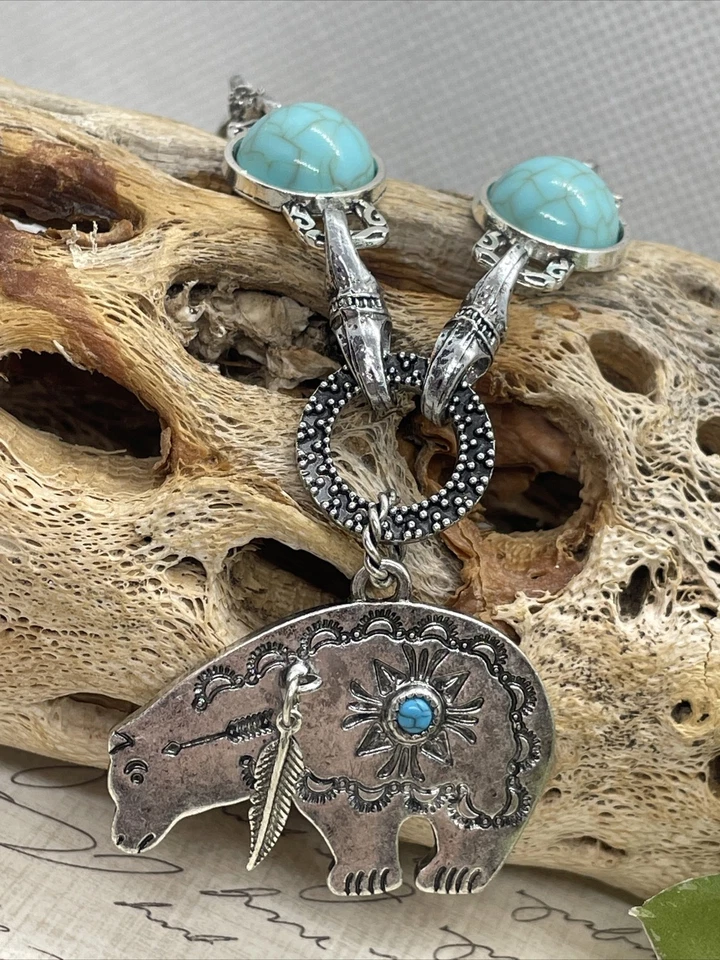 COLLAR TURQUESA Pluma de Oso Azteca Oeste Suroeste Estilo Nativo Plata Otoño Foto 3 de 4
