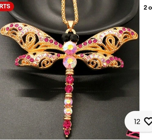 Betsey Johnson Hot Pink Rhinestone Dragonfly Necklace Gold Plated Rope Chain - product listing photo