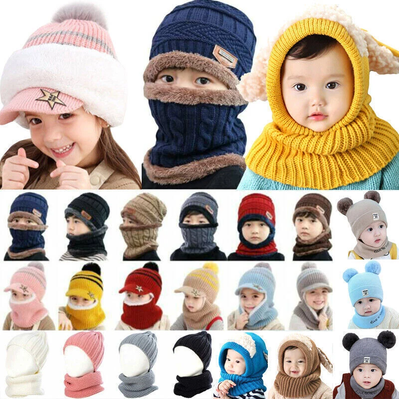 Kids Baby Girls Boys Thermal Knitted Beanie Hat Warm Mask Scarf