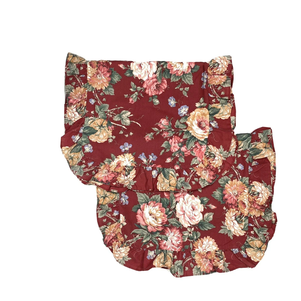 2 件复古 70 年代荷叶边枕套大号国王红色花卉印花一对小屋 — 第 2/4 张图片