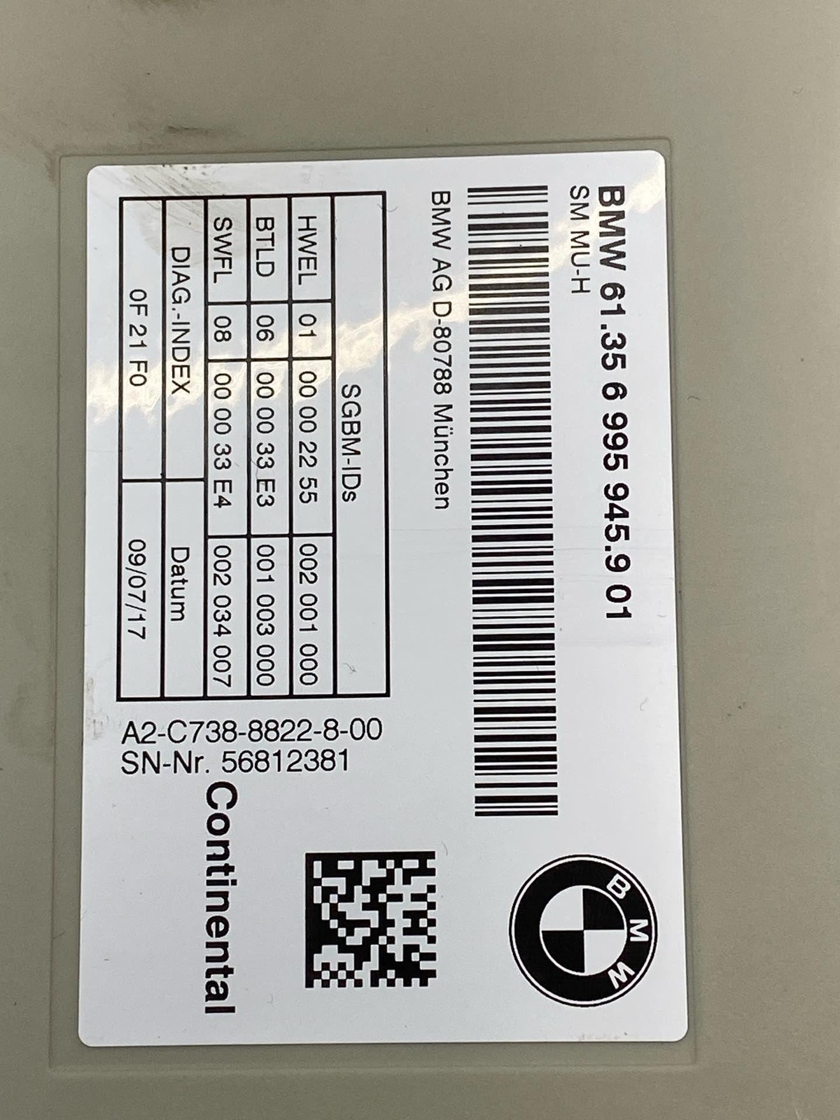 2018 BMW M550 XI OEM FRONT RIGHT SEAT MEMORY CONTROL MODULE 