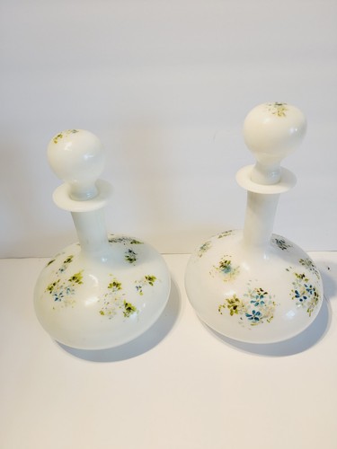 Lot Set of 2 Antique Floral Milk Glass Barber Bottles with Stoppers - Picture 2 of 9