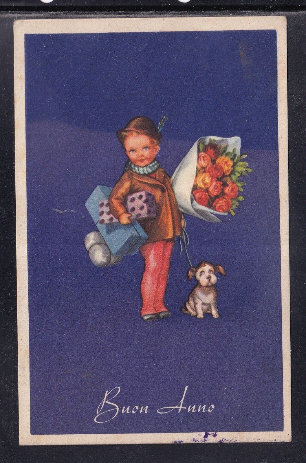 Cartolina Buon Anno Bambino con Cagnolino Mazzo di Fiori Doni ZA515