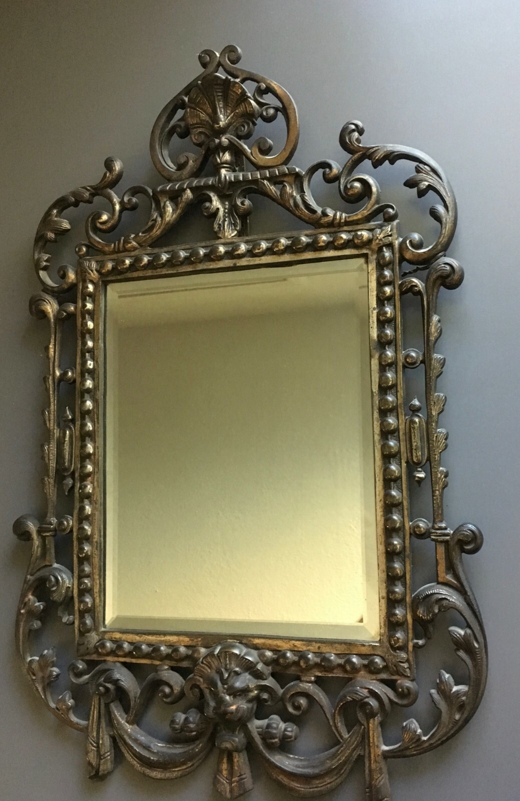 Antique Vintage Beveled Mirror w/ Ornate Metal Frame-Lion Head, Drapery, Scroll