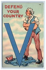 Postcard WWII Defend Your Country Large V c1941 Uncle Sam Rolling Up Sleeves