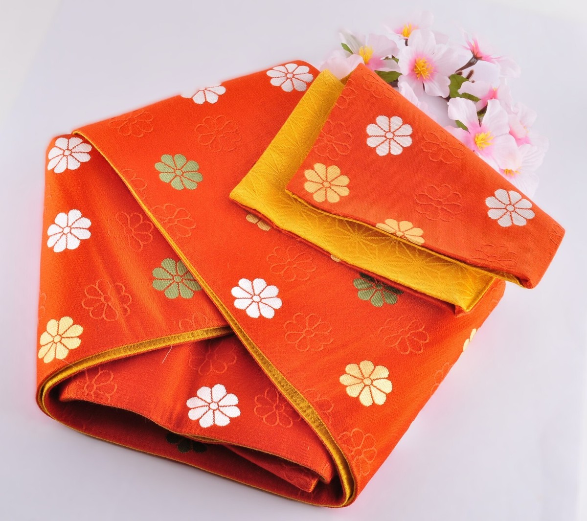 Vintage Silk Hanhaba Obi Belt O0207E Vintage Japanese Kimono Orange HANHABA OBI half width  main image 2