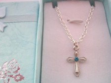 Girls Cross Necklace with Pink or Blue Rhinestone, Kids Religious Jewellery Gift