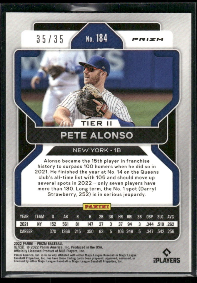 #184 Pete Alonso 2022 Panini Prizm #/35 Navy Blue Kaleidoscope Prizm - Image 2 of 2