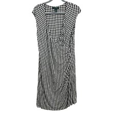 Lauren Ralph Lauren Womens Sheath Dress Faux Wrap Ruched V Neck Black Cream 1X