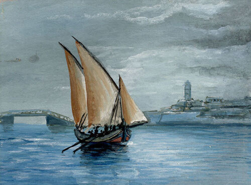 Gozo Boot, Malta - Original 1916 Gouache Gemälde - Bild 1 von 3