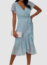 Adrianna Papell Women's Blue Metallic Printed Lined Ruffled Midi Dress Size 4