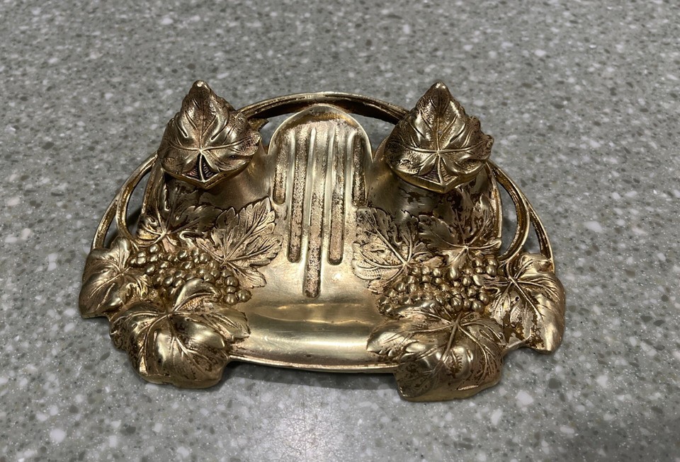 A genuine Art Nouveau antique French double inkwell in brass — the kind of ornate, museum-worthy desk object that makes every pen feel like a quill.