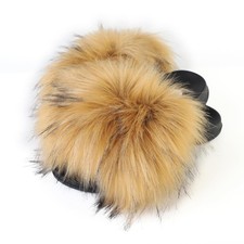 Faux Pom Pom Fur Slides, Open Toe Fluffy Fuzzy Slippers, Indoor or Outdoor Fu...