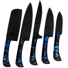 CUSTOM HANDMADE D2 HAMMERED PATTERN 5 PIECES CHEF SET WITH LEATHER CARRYING BAG