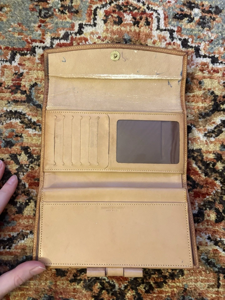 Dooney and Bourke Vintage Tri-Fold Wallet Beige/Brown Leather Checkbook ID Card - Image 3 of 4