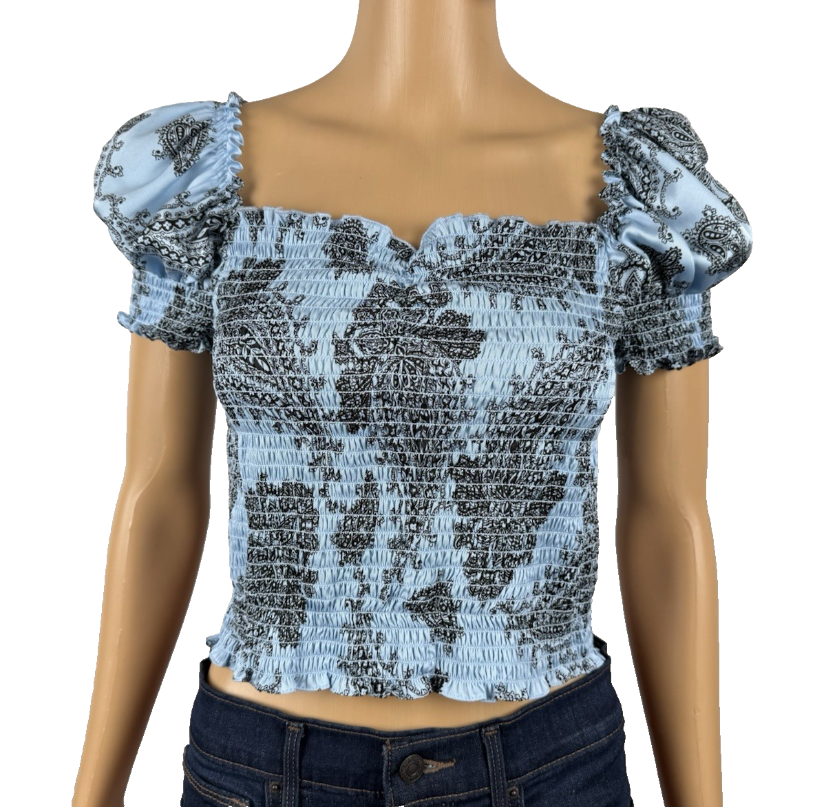 Sandro Paris Beleen Puff Sleeve Smocked Ruffle Crop Top Size 1 (S