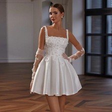 Simple Short A Line Wedding Dresses Square Neck Satin Flowers Beaded Bridal Gown