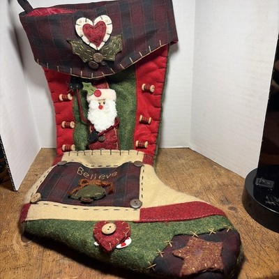 Vintage Christmas Stocking Stuffed Santa Candy Cane Thread Spools Hearts 18''