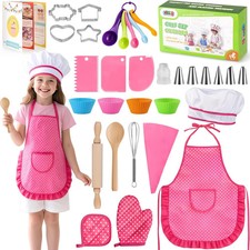32Pcs Kids Baking Set,Chef Hat Apron with Cooking Tools Pink,Cooking Gifts