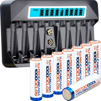 AA AAA 9V NiMH Battery Charger 9 Slots Independent Fast Charger 500mA Impulse...