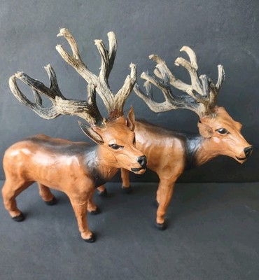 Pair of 8'' Leather Wrapped Reindeer Stag Figurines w/ Gnarled Antlers