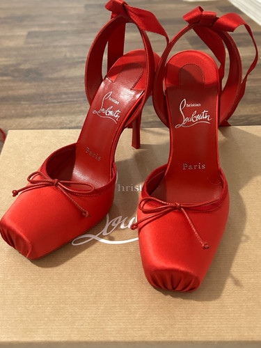 CHRISTIAN LOUBOUTIN CASSIA  RED LACE UP BALLET HEEL SATIN TOP 100 PUMP SIZE 37