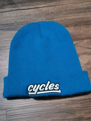 Cycles blue knit beanie with ''cycles'' embroidered on the cuff.