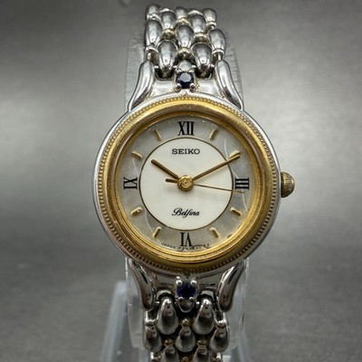 Seiko Belfina Watch Women 21mm White Dial Two Tone Round 1F21-0C70 New BAttery
