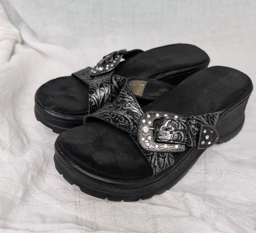 Roper Chunky Western Sandals Women 9 Black Rhinestone Buckle Strap Slip On - Picture 4 of 11