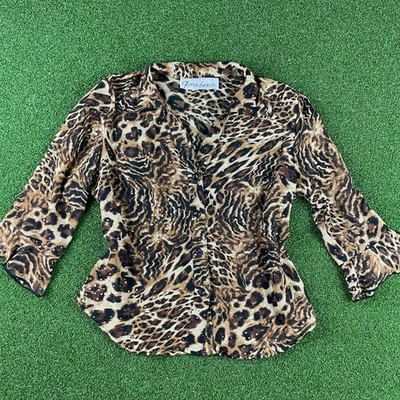 Vintage 90s Y2K Gloria Lane Brown Animal Print Gold Embellished Sheer Top Sz S