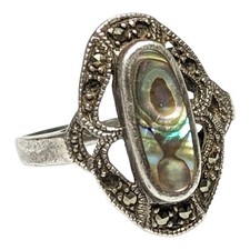 Vintage 925 Sterling Silver Marcasite Abalone Ring Size 7 Oval Cutout See Pics
