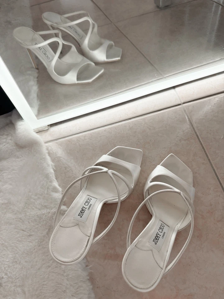 Jimmy Choo Anís 95 Marfil Satén Mula Sandalia Tacones Talla 37.5 / 7.5 Foto 2 de 4