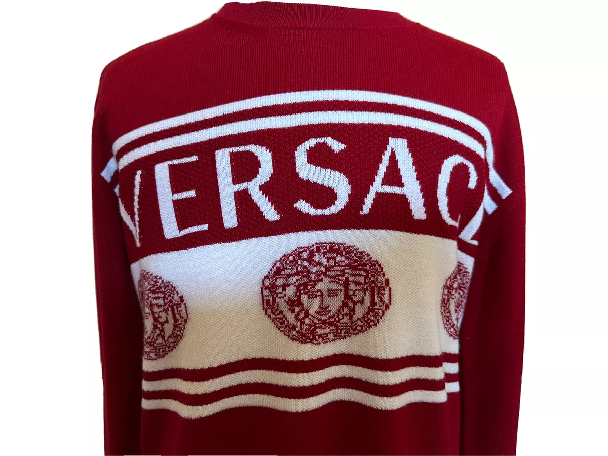 NWT 950 Versace Medusa Logo Wool Knit Sweater Red 52 XL Italy