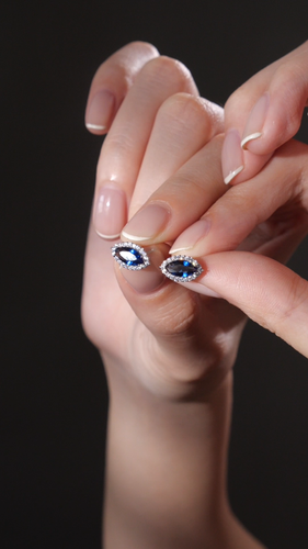 18k white gold gf blue sapphire crystal marquise stud earrings small cute - Video 1 of 1