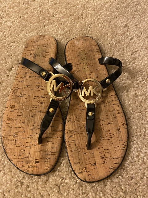 Michael Kors MK Charm Jelly Sandals Gold Logo Cork Thong Flip Flops Black 7m for sale online | eBay