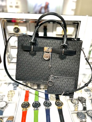 Michael Kors Hamilton Medium Black MK Logo Satchel Bag & Top