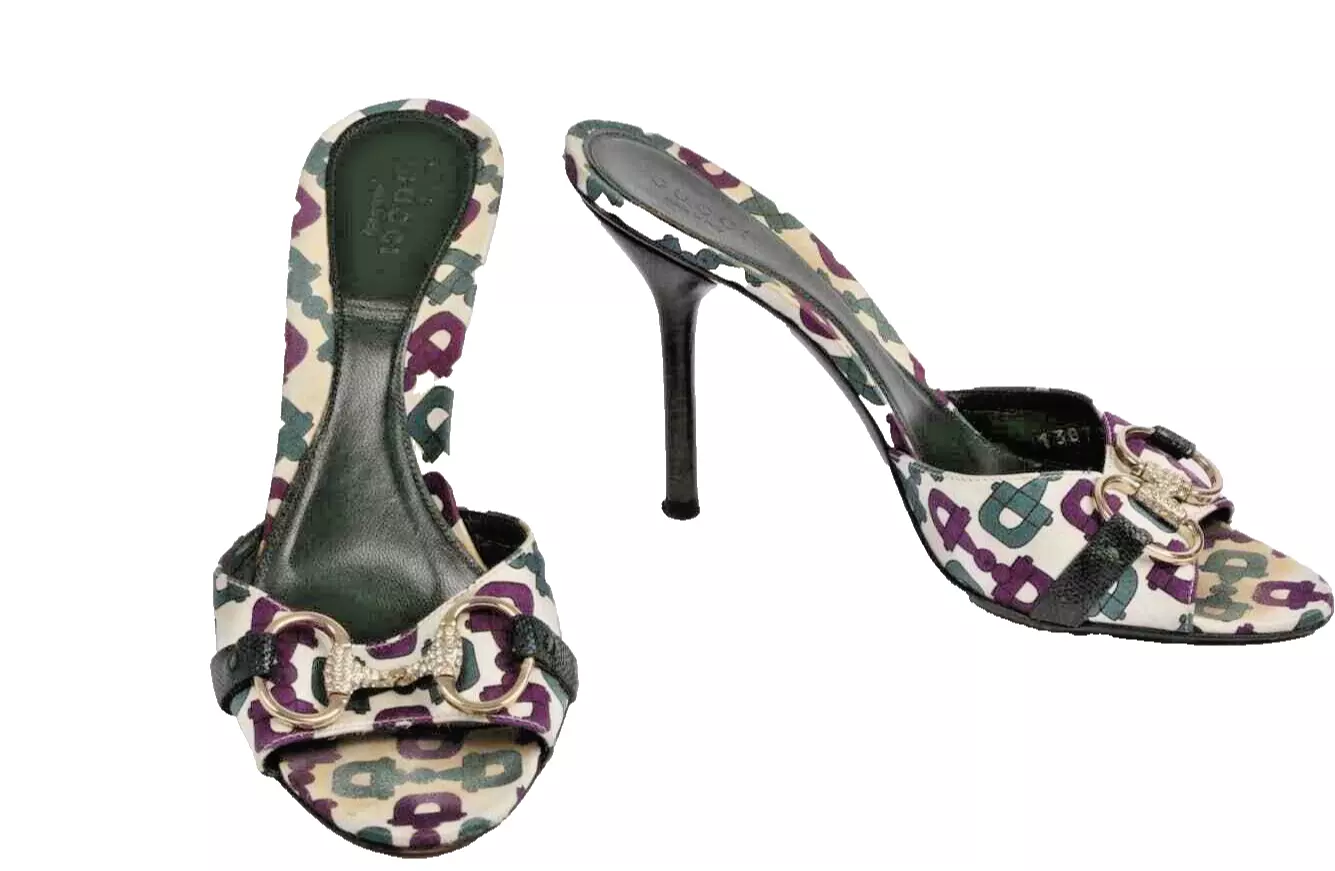 Mules GUCCI Multicolore Strass Satin Horsebit à Talons à enfiler Taille 7,5 B
