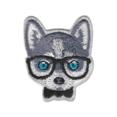 DOG w GLASSES IRON ON PATCH 2'' Small Cute Blue Eye Husky Puppy Face Embriodered