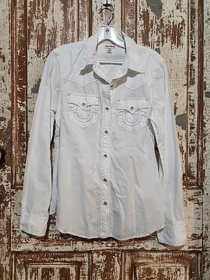 True Religion Womens Optic White Long Sleeve Snap Button Up Shirt Size med