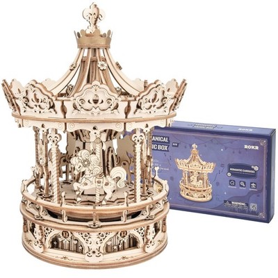 ROKR 3D Wooden Puzzle Carousel Model Building Kits Rotating 5-Horses Music Bo...