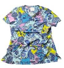 NWT Women s Large Cherokee Blue Paisley Floral Print Scrub Top