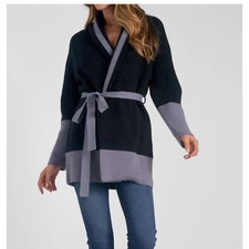 Elan Belted Color Block Cardigan in Black Grey Size Medium