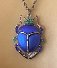 Scarab Necklace Egyptian Revival Matte Blue Enamel Rhineston Beetle Pendant Drop