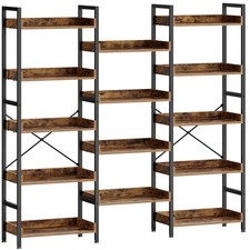 Bookshelf 5 Tiers, Triple Bookcase with Open Display Shelves, Industrial Wide...