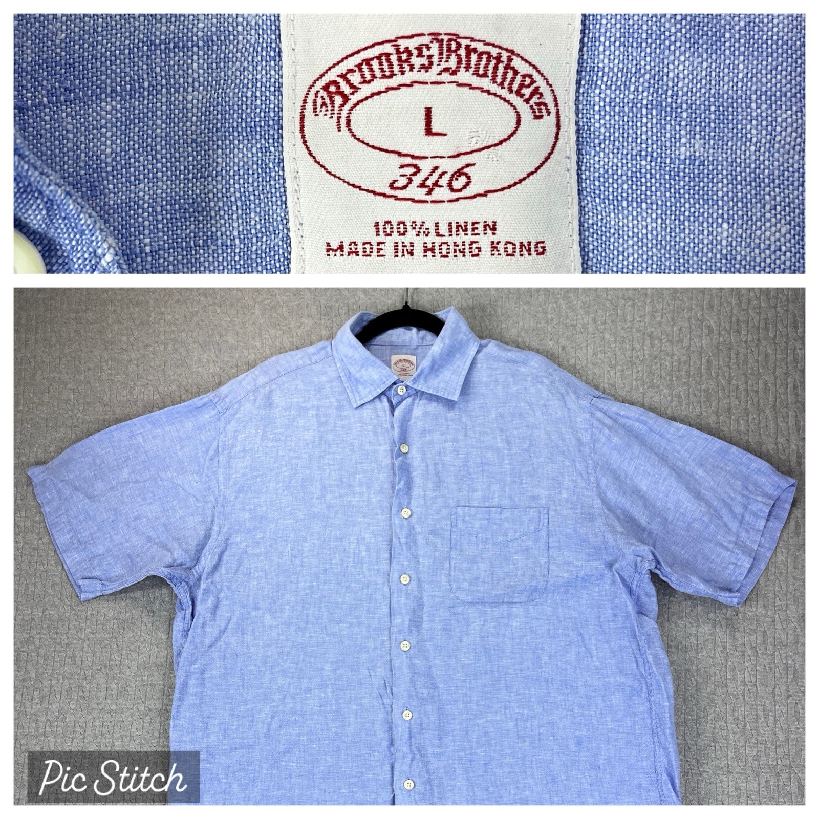Brooks Brothers 346 Linen Blue Dress Shirt Mens L Short Sleeve Button Up